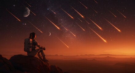 Astro Girl Sitting on Mars Rock Looking at Sky with Falling Astronauts &ndash; Mindblowing Fantastic Peaceful View