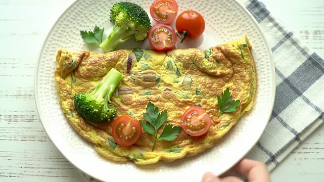 Omelet with Broccoli and Tomatoes on a White Plate with Checkered Napkin