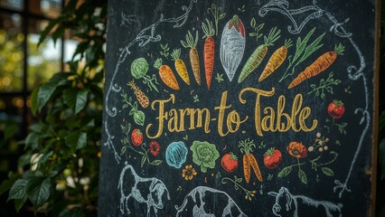 A chalkboard sign displaying farm to table text with vegetable illustrations and cow drawings outside
