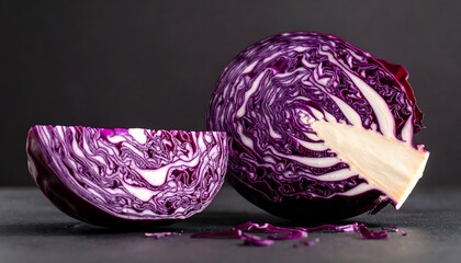 Fresh purple cabbage cut in halves displayed on a dark surface highlighting vibrant textures and colors.