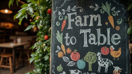 Farm to table chalkboard sign with vegetable and animal drawings outside a restaurant with greenery
