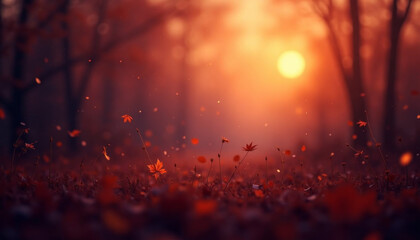 Autumn forest at sunset with leaves falling in warm light