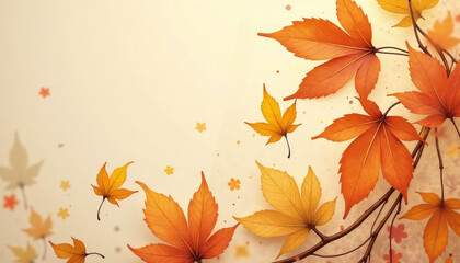 Autumn leaves falling on soft beige background in warm colors