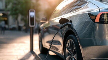 A sleek electric vehicle charging at a station, showcasing modern design and sustainable technology in an urban environment.