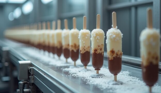 Layered vanilla and milk chocolate ice cream bars move along a conveyor in a frozen dessert facility. Frost accentuates freshness; sterile surfaces highlight precision and hygiene