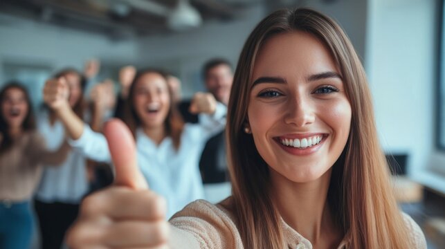A smiling woman gives a thumbs-up in a lively office setting, surrounded by colleagues who are cheering and showing positive gestures.