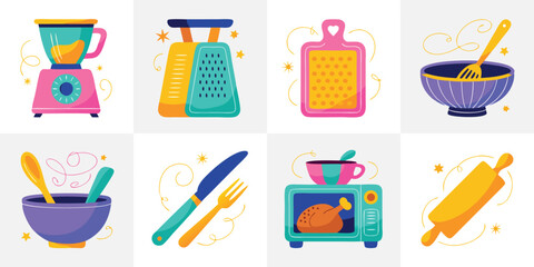 Kitchen Utensils Cartoon Style Illustration Blender, Grater, Cutting Board, Bowls, Cutlery, Microwave, Rolling Pin