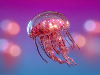 Ethereal pink jellyfish with glittering gold accents floating in dreamy, vibrant purple and blue background