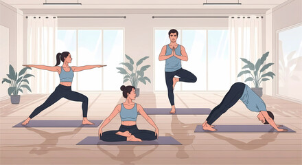 Harmonious Yoga Session: A group practicing asanas in a serene, sunlit studio filled with lush plants, promoting wellness and mindfulness through synchronized movements