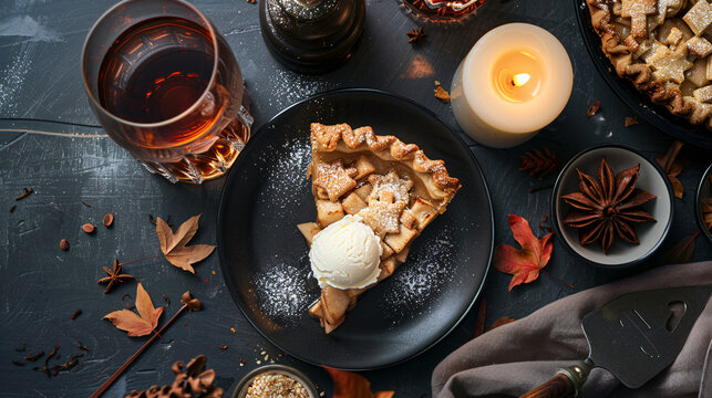 Cozy Autumn Dessert with Apple Pie Slice, Ice Cream, and Spices