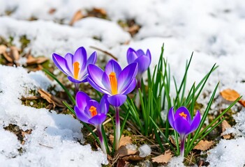 Vibrant blue primrose & purple crocus emerge from melting snow, bloom, vibrant