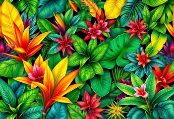 Fototapeta premium Vibrant collage of exotic jungle plants in a modern seamless pattern, tropical, style