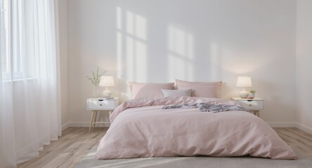 Modern Minimalist Bedroom Interior with Pink Bedding