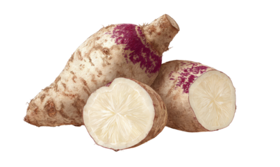 Two whole and one sliced sweet potatoes, showcasing a light-tan exterior and a creamy-white interior.  Purple splotches are visible on the surface.  The cut section reveals a star-like pattern