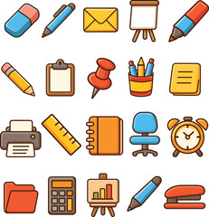 20 Office Stationery Set in Flat Vector Style