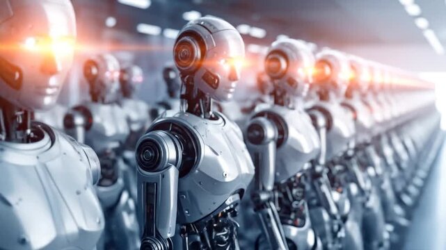 Sleek metallic robots in a row, glowing eyes, anticipating. Futuristic, industrial design. A concept about automation and technology's potential