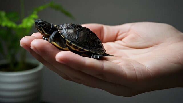 Small turtle with dark shell and yellow stripes being held in an open human hand