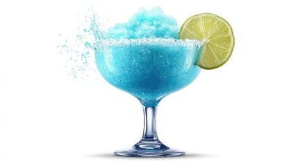 A refreshing blue margarita with lime and salt isolated on white background