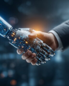 Mano robotica e mano umana che si stringono in segno di collaborazione