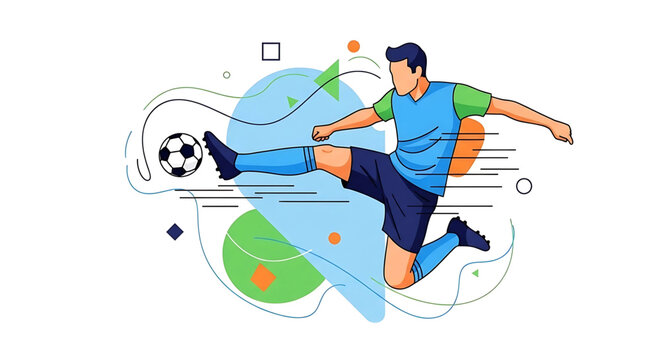 Dynamic depiction of a soccer athlete in motion, executing a powerful kick against a backdrop of vibrant abstract design elements highlighting the energy and speed of the sport