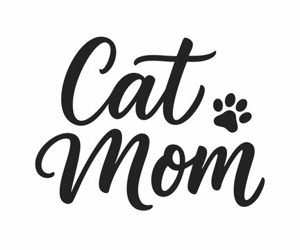 Cat mom lettering with paw print. hand-drawn calligraphy for a shirt, mug, or sticker. vector typography quote for a cat lover gift.