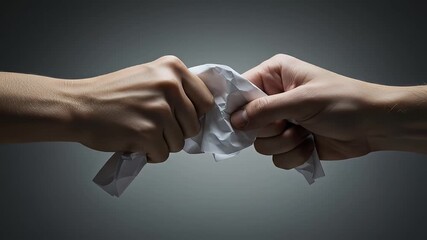 Two hands tearing a crumpled white piece of paper against a dark grey background