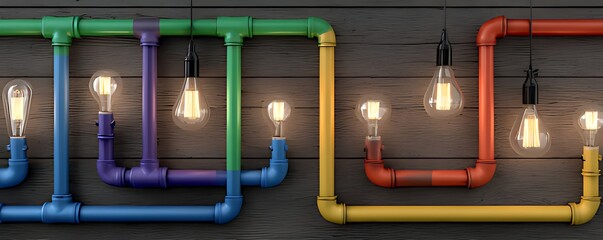 3d render of colorful pipes and glowing light bulbs on a wooden background, rainbow color scheme, top view, industrial style.