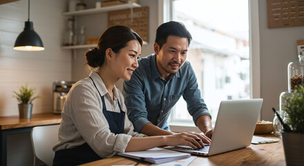 Fototapeta premium Asian couple working on a laptop together in their kitchen with natural light coming through the window