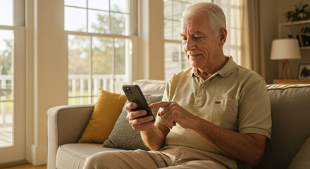 Senior man using a smartphone while sitting on a couch in a brightly lit living room at home
