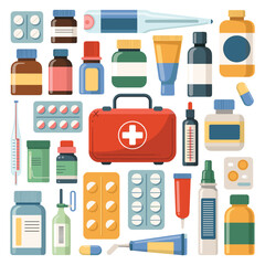 Flat cartoon medical supplies and first aid kit on white background medicine healthcare