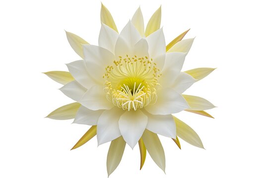 Fototapeta Stunning Epiphyllum oxypetalum Queen of the Night Flower Blooming with White Petals and Yellow Stamens on White Background
