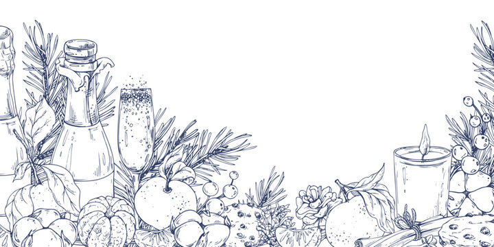 Horizontal hand drawn line art graphic illustration features a Christmas frame with candles, pine tree, champagne and citrus fruits. Perfect for holiday cards, invitations and holiday print design.