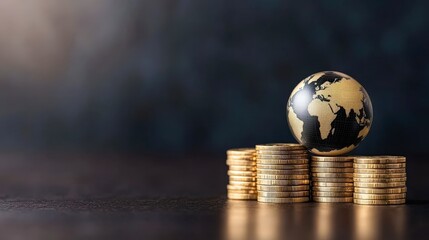 A globe atop a stack of gold coins symbolizes global finance and investment opportunities, Ideal for financial articles, presentations, or advertising related to economics, currency, and global trade