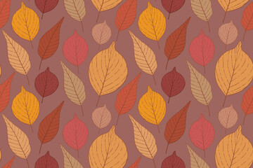 Hand Drawn Autumn Leaves Elegant Pattern. Botanical vintage fall leaves seamless pattern. Outline leaves and foliage pattern design for textile, fabrics, wrapping paper, packaging.
