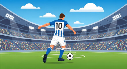 A vibrant depiction of a soccer player poised to strike the ball on a meticulously rendered field within a bustling stadium illuminated by stadium lights and a partially cloudy blue sky