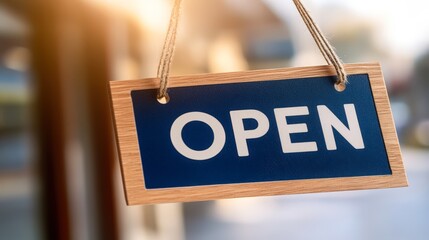 A close-up of an OPEN sign hanging at a business entrance, symbolizing accessibility and welcoming customers, Ideal for showcasing retail, cafes, or service-oriented businesses,