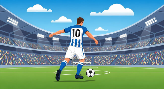 A vibrant depiction of a soccer player poised to strike the ball on a meticulously rendered field within a bustling stadium illuminated by stadium lights and a partially cloudy blue sky