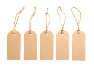 A set of blank brown paper gift tags with twine string. Each tag has a hole for a transparent background.