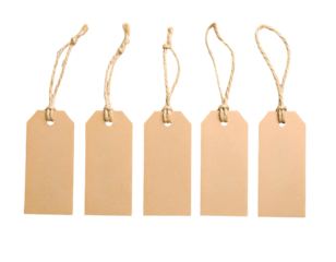 A set of blank brown paper gift tags with twine string. Each tag has a hole for a transparent background.