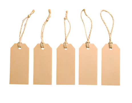 A set of blank brown paper gift tags with twine string. Each tag has a hole for a transparent background. - Powered by Adobe