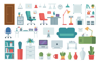 Flat design office furniture and decor elements on a white background illustration