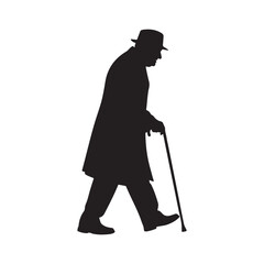 Fototapeta premium Elderly man silhouette, senior gentleman walking with a cane, old person in a hat and coat, isolated vector illustration for graphic design vector