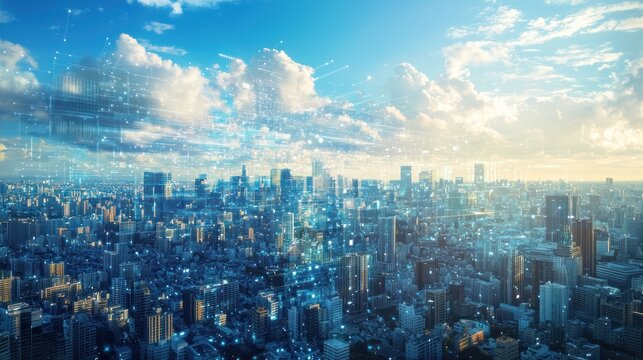 Internet of things, high speed connection and smart city concept with digital circuit lines covering megapolis city on blue sky background, double exposure