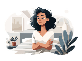 Young woman with curly hair looking thoughtful in bedroom  