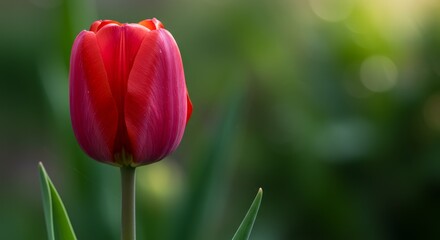 Naklejka premium Single Red Tulip Flower in Bloom Against Green Background