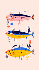 Colorful illustrated fish with playful patterns on pastel background  