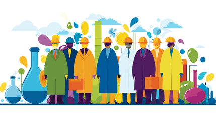 Group of diverse scientists wearing colorful lab coats and helmets  