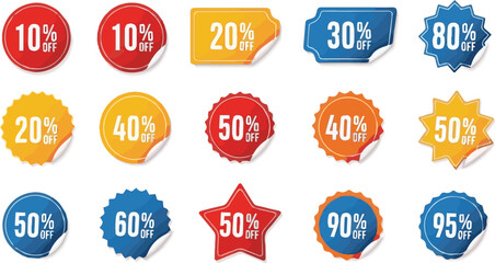 Isolated kinds of deferent discount sticker product tag set. shopping discount label badge with 10 to 95 percent off. vector art with white background.