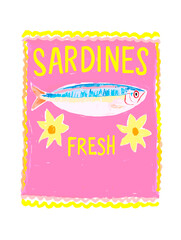 Colorful illustration of fresh sardines with flowers and text  
