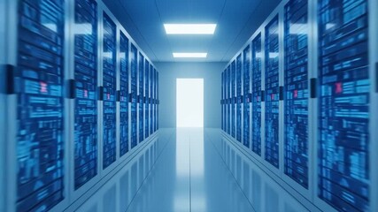 Data Center Server Room:  Smooth Camera Movement Through Bright Blue Network Infrastructure - Powered by Adobe